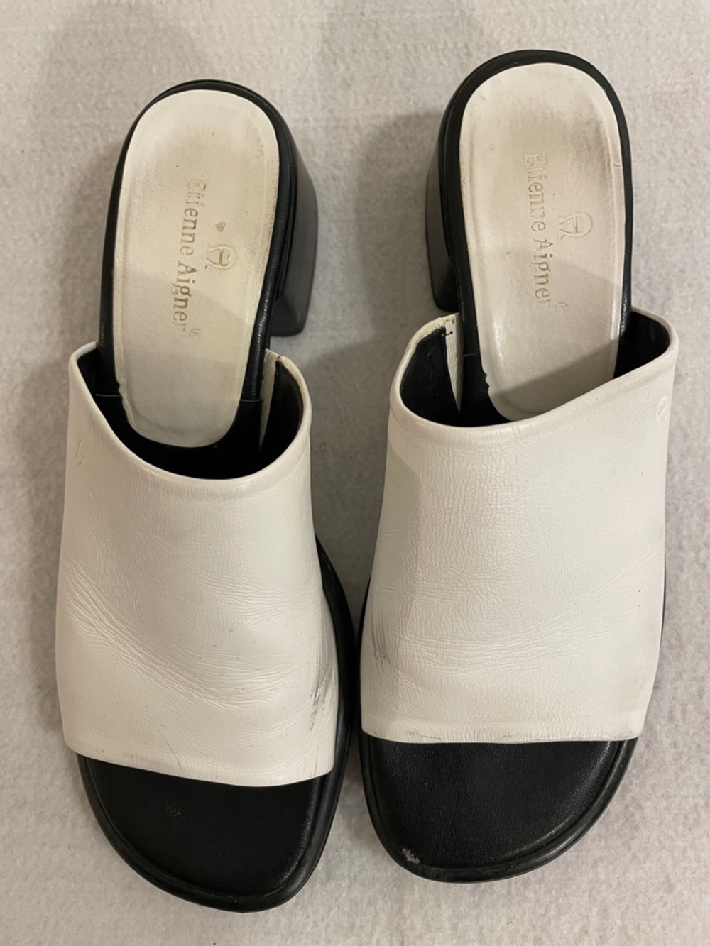 Etienne Aigner White and Black Leather Slide Mules